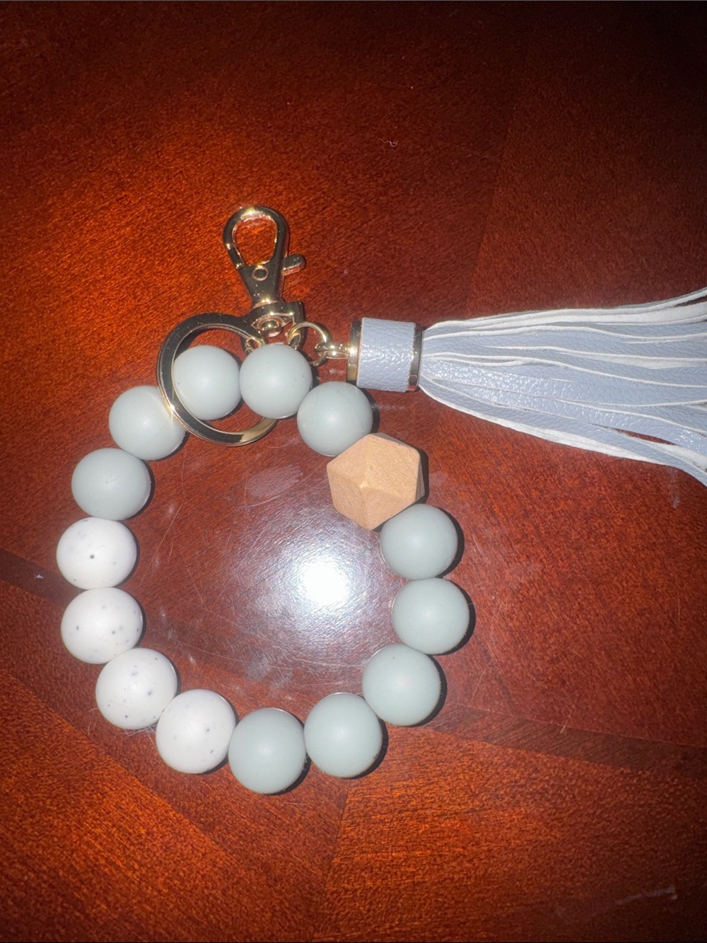 Beaded Tassel Wristlet Keychain - Blue, Tan and White - Picture 2 of 5